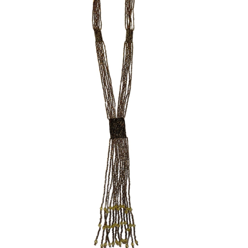 Necklace, antique copper color with glass beads